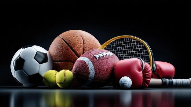 assorted sports equipment on black backdrop symbolizing athleticism competition and diverse sporting activities photo