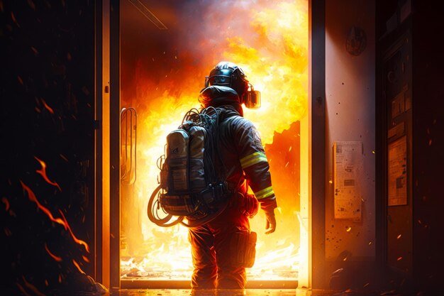 firefighter standing front fire with his back camera generative ai 97167 4954